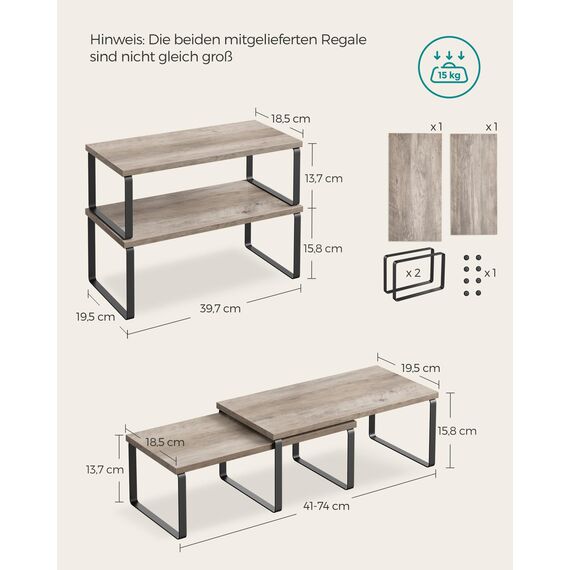 SONGMICS Gewürzregal, 4er Set, Küchenregal, Küchen-Organizer, erweiterbar, Gewürzhalter, stapelbar, mit Metallrahmen, ‎19,5 x 39,7 x 15,8 cm, tintenschwarz-greige meliert KCS022X02
