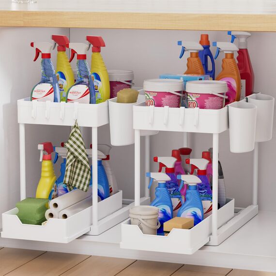 AIXPI Küchen Organizer 2 Etagen, Unter Waschbecken Regal mit Haken und Tasse Gewürzregal Spülschrank Organizer Küchenregal Schrank Organizer für Badezimmer Küch (Weiss 2 Set)