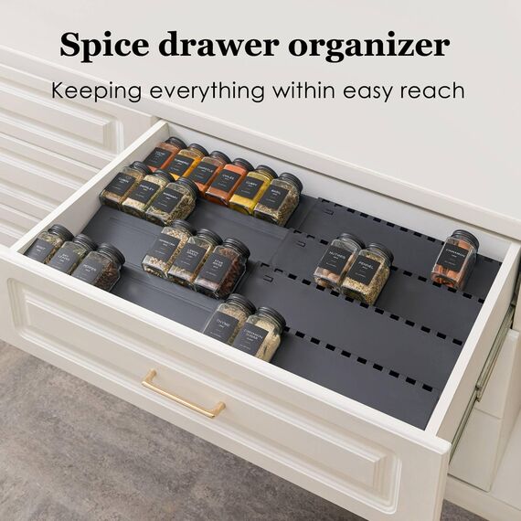 Homhut Gewürzregal Schublade 5 Etagen, Gewürz Organizer Schublade, Gewürz Schubladeneinsatz, Schubladen Ordnungssystem von 33cm bis 62cm, Organizer für Küche, Arbeitsfläche, Schrank, Regal