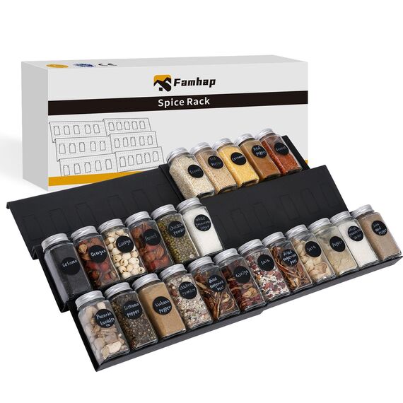 Famhap Gewürzregal Schublade 6PCS, Gewürz Organizer Schublade von 29,5cm bis 59cm Ausziehbar, Gewürzeinsatz Schublade Matte Textur, Gewürzhalter mit Rutschfesten Noppen