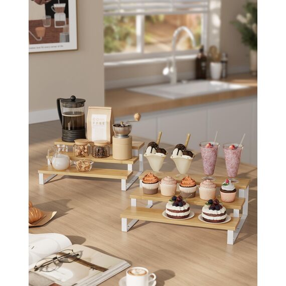 SONGMICS Gewürzregale, Küchenregale stehend, Küchen-Organizer, 2er Set, Holzwerkstoff, je 3 Ablagen, ausziehbar, stapelbar, für Speisekammer, Arbeitsplatte, naturbeige-wolkenweiß KCS016N02