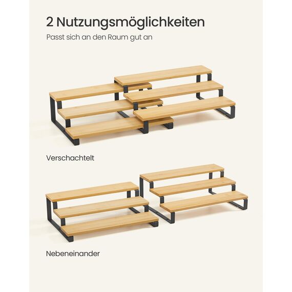 SONGMICS Gewürzregale, Küchenregale stehend, Küchen-Organizer, 2er Set, Holzwerkstoff, je 3 Ablagen, ausziehbar, stapelbar, für Speisekammer, Arbeitsplatte, naturbeige-tintenschwarz KCS016N01