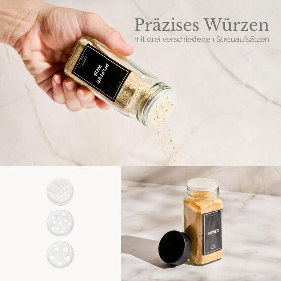 Greeano Gewürzgläser Set [24 x 120ml] mit 300 Gewürzetiketten [DE] - Gewürze Aufbewahrung mit Streueinsatz - Gewürzdosen Glas - Gewürzbehälter Glas - Gewürz Organizer - Spice Jars Obsidian