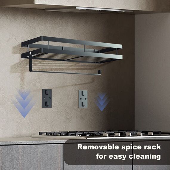 CZKDTT Gewürzregal,Küchenregal wand ohne Bohren,Gewürzregal Hängend Mit Küchenrollenhalter und 4 Haken,küchen organizer schublade,küchenutensilienhalter,35cm schwarz
