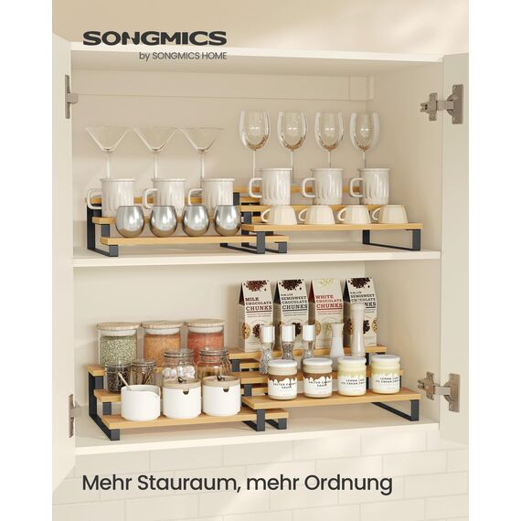 SONGMICS Gewürzregale, Küchenregale stehend, Küchen-Organizer, 2er Set, Holzwerkstoff, je 3 Ablagen, ausziehbar, stapelbar, für Speisekammer, Arbeitsplatte, naturbeige-tintenschwarz KCS016N01