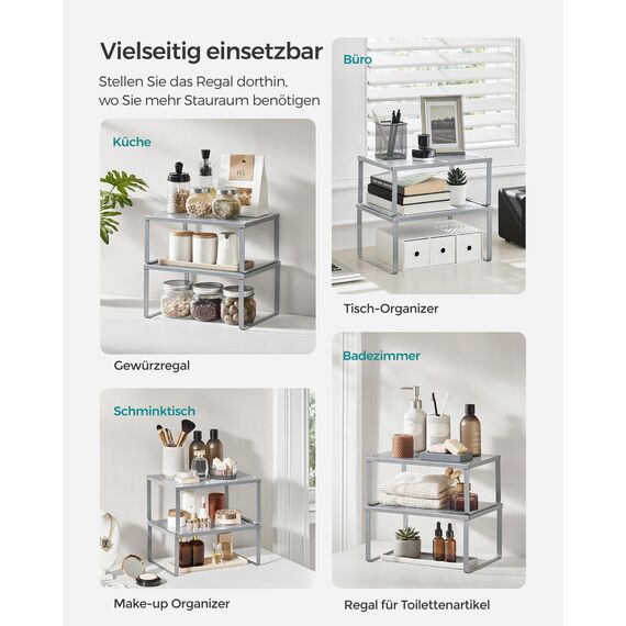 SONGMICS Gewürzregal, 2er Set, Küchenregal, Küchen-Organizer, Küche, Gewürzhalter, erweiterbar, stapelbar, kleines Regal, Metall, silbern KCS01SV