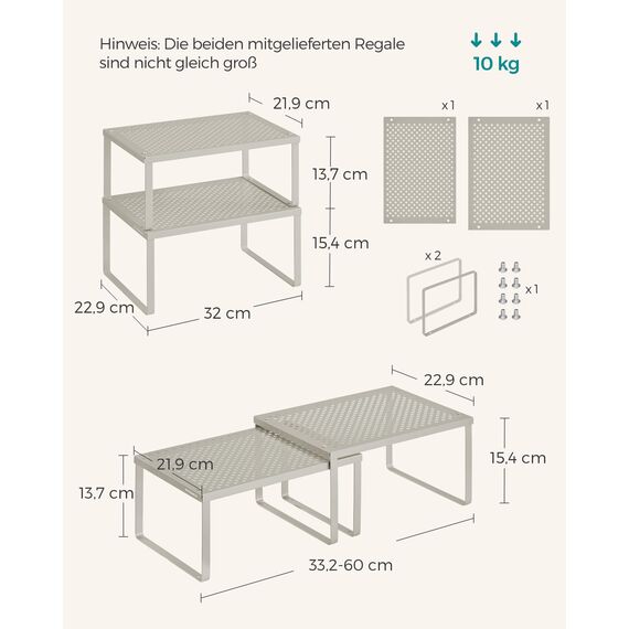 SONGMICS Gewürzregal, 4er Set, Küchenregal, Küchen-Organizer, Küche, Gewürzhalter, erweiterbar, stapelbar, kleines Regal, Metall, haferflockenbeige KCS006K01