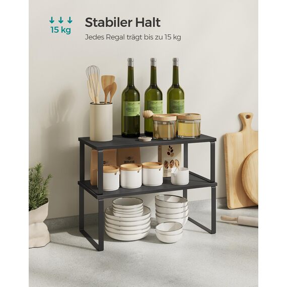 SONGMICS Gewürzregal, 4er Set, Küchenregal, Küchen-Organizer, erweiterbar, Gewürzhalter, stapelbar, mit Metallrahmen, ‎19,5 x 39,7 x 15,8 cm, tintenschwarz-ebenholzschwarz KCS028B01