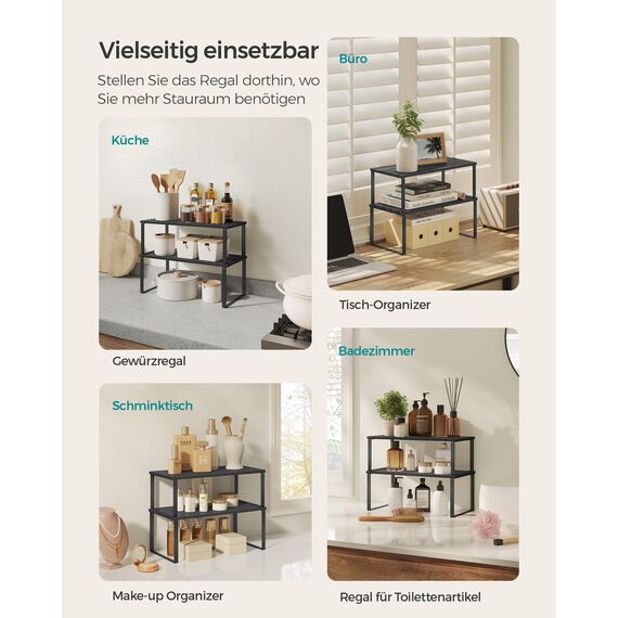 SONGMICS Gewürzregal, 4er Set, Küchenregal, Küchen-Organizer, erweiterbar, Gewürzhalter, stapelbar, mit Metallrahmen, ‎19,5 x 39,7 x 15,8 cm, tintenschwarz-ebenholzschwarz KCS028B01