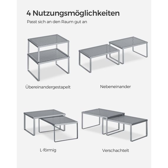 SONGMICS Gewürzregal, 2er Set, Küchenregal, Küchen-Organizer, Küche, Gewürzhalter, erweiterbar, stapelbar, kleines Regal, Metall, silbern KCS01SV