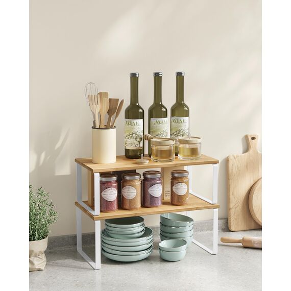 SONGMICS Gewürzregal, 4er Set, Küchenregal, Küchen-Organizer, erweiterbar, Gewürzhalter, stapelbar, mit Metallrahmen, ‎19,5 x 39,7 x 15,8 cm, wolkenweiß-naturbeige KCS210W01