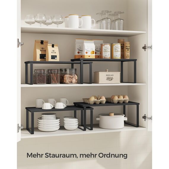 SONGMICS Gewürzregal, 4er Set, Küchenregal, Küchen-Organizer, erweiterbar, Gewürzhalter, stapelbar, mit Metallrahmen, ‎19,5 x 39,7 x 15,8 cm, tintenschwarz-ebenholzschwarz KCS028B01