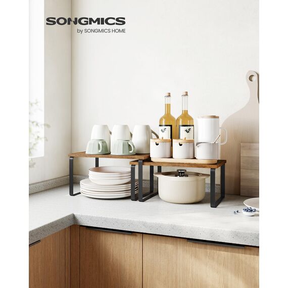 SONGMICS Gewürzregal, 4er Set, Küchenregal, Küchen-Organizer, erweiterbar, Gewürzhalter, stapelbar, mit Metallrahmen, 19,5 x 29,7 x 15,8 cm, tintenschwarz-vintagebraun KCS021X01