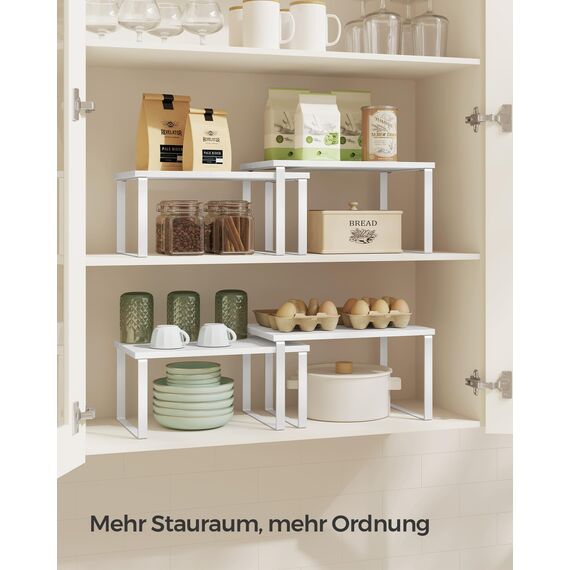 SONGMICS Gewürzregal, 4er Set, Küchenregal, Küchen-Organizer, erweiterbar, Gewürzhalter, stapelbar, mit Metallrahmen, 19,5 x 29,7 x 15,8 cm, wolkenweiß-schneeweiß KCS027W01