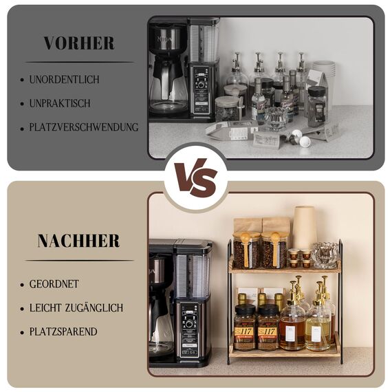 ANBOXIT Kaffee Organizer, Küchen Organizer Holz, Küchenregal Arbeitsplatte, 2 Tier Kaffeebar Regal für Küche, Zuhause, Büro - Braun