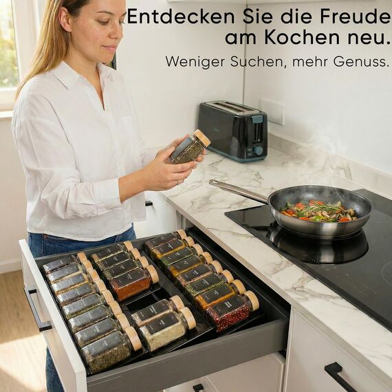 Deco haus® Gewürzregal Schublade [MIT 24 GEWÜRZGLÄSER & ETIKETTEN] - Gewürze Organizer - Gewürzeinsatz Schublade - Gewürzschublade Organizer mit Gläser - Schubladeneinsatz Gewürze