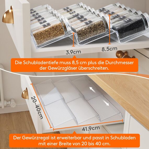 Lifewit Gewürz Organizer Schublade, 6 Stück Abnehmbares Gewürzregal Schublade Breite 20 bis 40 cm, 3 Etagen Gewürz Schubladeneinsatz aus Kunststoff, Spice Rack für Arbeitsplatte/Schrank, Durchsichtig