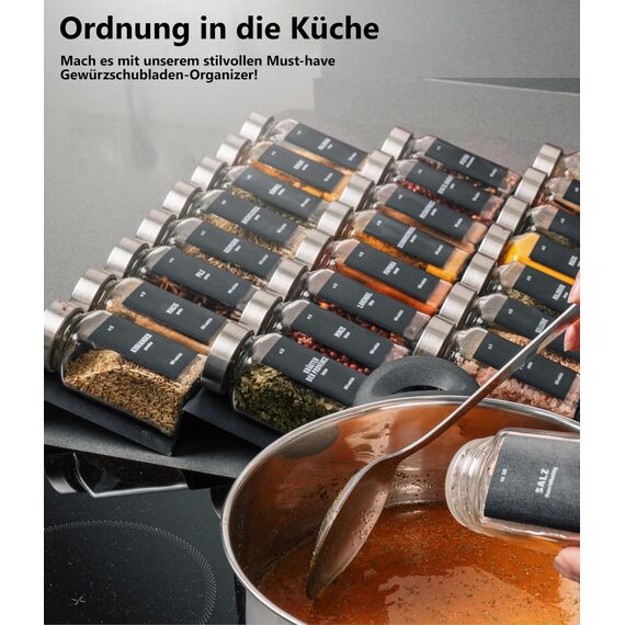 Deco haus® Gewürzregal Schublade aus Metall [MIT 24 GEWÜRZGLÄSER & ETIKETTEN] - Gewürzeinsatz Schublade - Gewürzschublade Organizer - Gewürz Schubladeneinsatz Gewürze - Gewürzorganizer