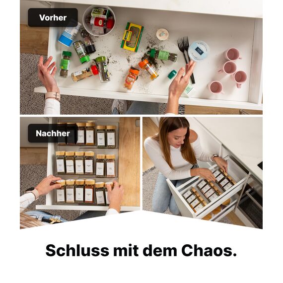 Deco haus® Gewürzregal Schublade [MIT 24 GEWÜRZGLÄSER & ETIKETTEN] - Gewürze Organizer - Gewürzeinsatz Schublade - Gewürzschublade Organizer mit Gläser - Schubladeneinsatz Gewürze