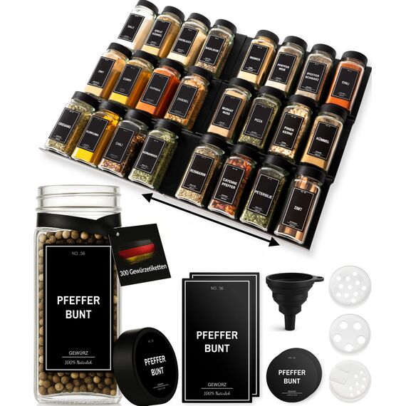 Greeano Gewürzgläser mit Regal [24 x 120ml] inkl. 300 Gewürzetiketten [DE] - Gewürzregal mit Gläsern - Gewürz Organizer Schublade - Gewürzregal Schublade mit Gläsern Gewurzregalsystem Schwarz