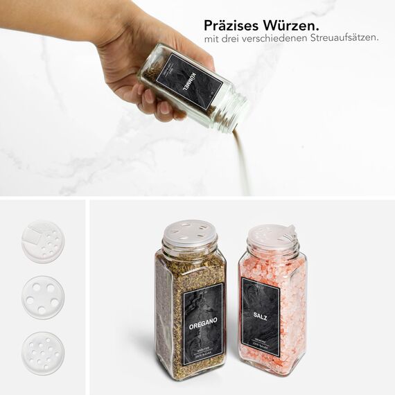 Greeano Gewürzgläser Set [24 x 120ml] mit 300 Gewürzetiketten [DE] - Gewürze Aufbewahrung mit Streueinsatz - Gewürzdosen Glas - Gewürzbehälter Glas - Gewürz Organizer - Spice Jars Midnight