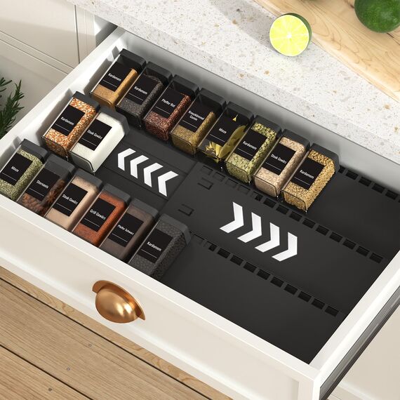 Homhut Gewürzregal Schublade 3 Etagen, Gewürz Organizer Schublade, Gewürz Schubladeneinsatz, Schubladen Ordnungssystem von 33cm bis 62cm, Organizer für Küche, Arbeitsfläche, Schrank, Regal