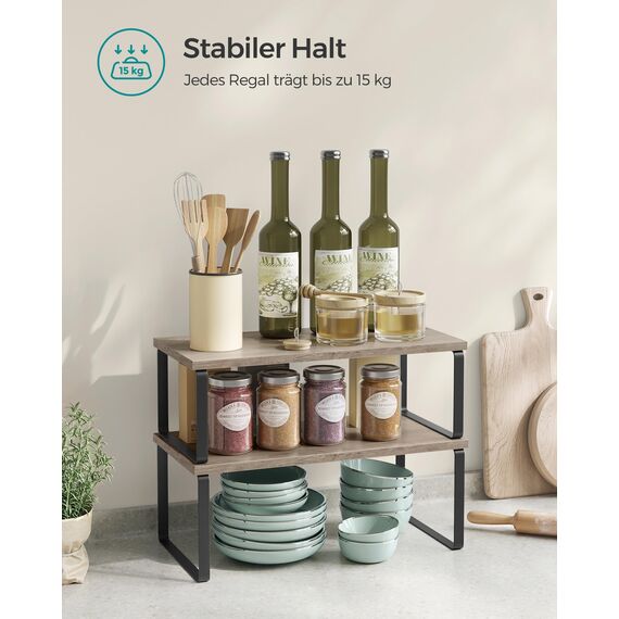 SONGMICS Gewürzregal, 4er Set, Küchenregal, Küchen-Organizer, erweiterbar, Gewürzhalter, stapelbar, mit Metallrahmen, ‎19,5 x 39,7 x 15,8 cm, tintenschwarz-greige meliert KCS022X02