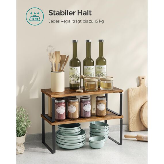 SONGMICS Gewürzregal, 4er Set, Küchenregal, Küchen-Organizer, erweiterbar, Gewürzhalter, stapelbar, mit Metallrahmen, ‎19,5 x 39,7 x 15,8 cm, tintenschwarz-vintagebraun KCS022X01