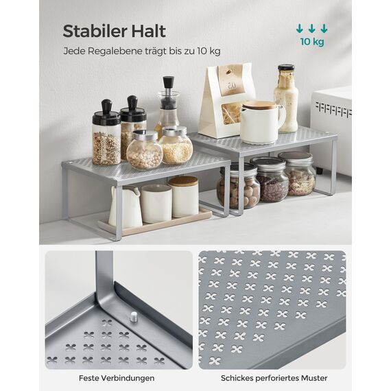 SONGMICS Gewürzregal, 2er Set, Küchenregal, Küchen-Organizer, Küche, Gewürzhalter, erweiterbar, stapelbar, kleines Regal, Metall, silbern KCS01SV