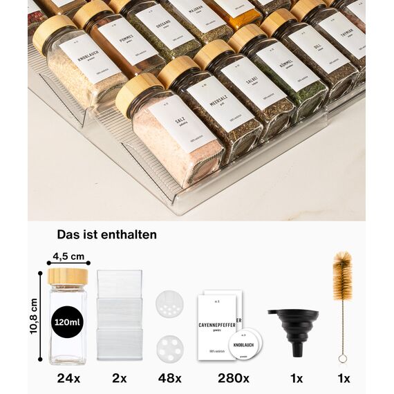 Deco haus® Gewürzregal Schublade [MIT 24 GEWÜRZGLÄSER & ETIKETTEN] - Gewürze Organizer - Gewürzeinsatz Schublade - Gewürzschublade Organizer mit Gläser - Schubladeneinsatz Gewürze