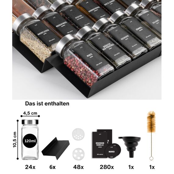 Deco haus® Gewürzregal Schublade aus Metall [MIT 24 GEWÜRZGLÄSER & ETIKETTEN] - Gewürzeinsatz Schublade - Gewürzschublade Organizer - Gewürz Schubladeneinsatz Gewürze - Gewürzorganizer