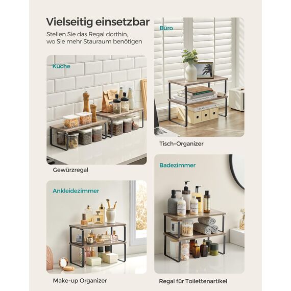 SONGMICS Gewürzregal, 4er Set, Küchenregal, Küchen-Organizer, erweiterbar, Gewürzhalter, stapelbar, mit Metallrahmen, ‎19,5 x 39,7 x 15,8 cm, tintenschwarz-greige meliert KCS022X02