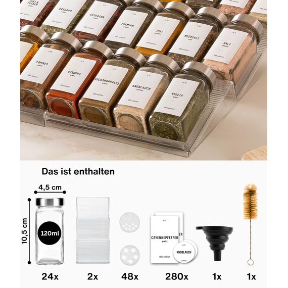 Deco haus® Gewürzregal Schublade [MIT 24 GEWÜRZGLÄSER & ETIKETTEN] - Gewürze Organizer - Gewürzeinsatz Schublade - Gewürzschublade Organizer mit Gläser - Schubladeneinsatz Gewürze