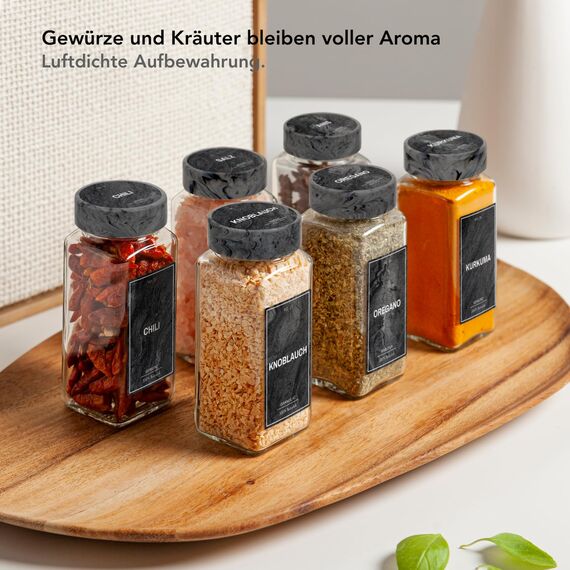 Greeano Gewürzgläser Set [24 x 120ml] mit 300 Gewürzetiketten [DE] - Gewürze Aufbewahrung mit Streueinsatz - Gewürzdosen Glas - Gewürzbehälter Glas - Gewürz Organizer - Spice Jars Midnight