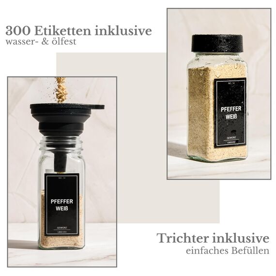 Greeano Gewürzgläser Set [24 x 120ml] mit 300 Gewürzetiketten [DE] - Gewürze Aufbewahrung mit Streueinsatz - Gewürzdosen Glas - Gewürzbehälter Glas - Gewürz Organizer - Spice Jars Obsidian