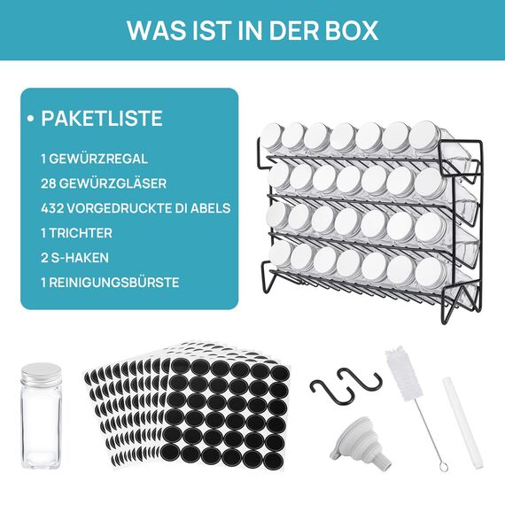 Vtopmart 4-stöckiges Gewürzregal Stehend, 28 Leere Gewürzgläser mit Gestell und 432 Gewürzetiketten, Gewürz-Organizer für Küchen, Schrank, Speisekammer, Schrank, Arbeitsplatte