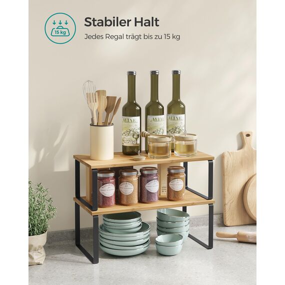 SONGMICS Gewürzregal, 4er Set, Küchenregal, Küchen-Organizer, erweiterbar, Gewürzhalter, stapelbar, mit Metallrahmen, ‎19,5 x 39,7 x 15,8 cm, tintenschwarz-naturbeige KCS210B01