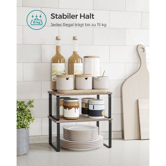 SONGMICS Gewürzregal, 4er Set, Küchenregal, Küchen-Organizer, erweiterbar, Gewürzhalter, stapelbar, mit Metallrahmen, 19,5 x 29,7 x 15,8 cm, tintenschwarz-greige meliert KCS021X02