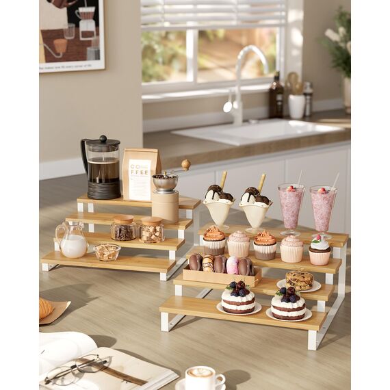 SONGMICS Gewürzregale, Küchenregale stehend, Küchen-Organizer, 2er Set, Holzwerkstoff, je 4 Ablagen, ausziehbar, stapelbar, für Speisekammer, Arbeitsplatte, naturbeige-wolkenweiß KCS216N02