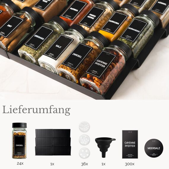 Greeano Gewürzgläser mit Regal [24 x 120ml] inkl. 300 Gewürzetiketten [DE] - Gewürzregal mit Gläsern - Gewürz Organizer Schublade - Gewürzregal Schublade mit Gläsern Gewurzregalsystem Schwarz