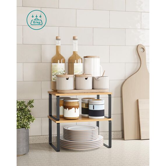 SONGMICS Gewürzregal, 4er Set, Küchenregal, Küchen-Organizer, erweiterbar, Gewürzhalter, stapelbar, mit Metallrahmen, 19,5 x 29,7 x 15,8 cm, tintenschwarz-naturbeige KCS10NB