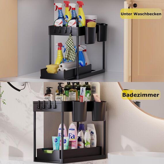 AIXPI Küchen Organizer 2 Etagen, Unter Waschbecken Regal mit Haken und Tasse Gewürzregal Spülschrank Organizer Küchenregal Schrank Organizer für Badezimmer Küche Schwarz 2 Set