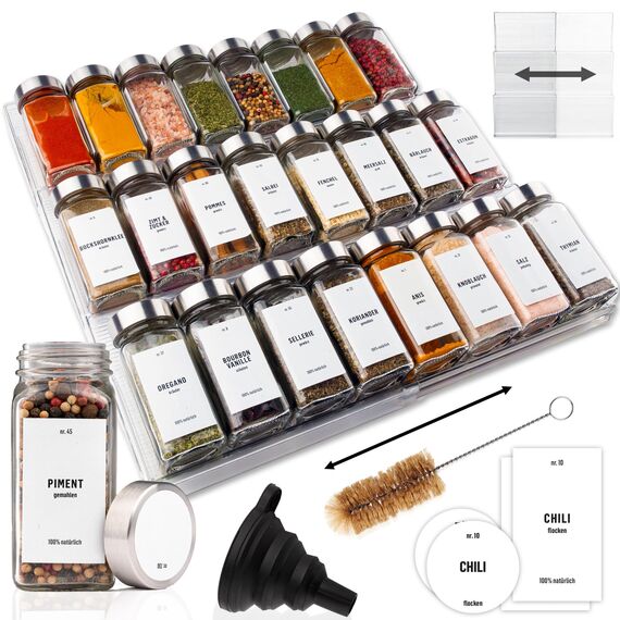 Deco haus® Gewürzregal Schublade [MIT 24 GEWÜRZGLÄSER & ETIKETTEN] - Gewürze Organizer - Gewürzeinsatz Schublade - Gewürzschublade Organizer mit Gläser - Schubladeneinsatz Gewürze