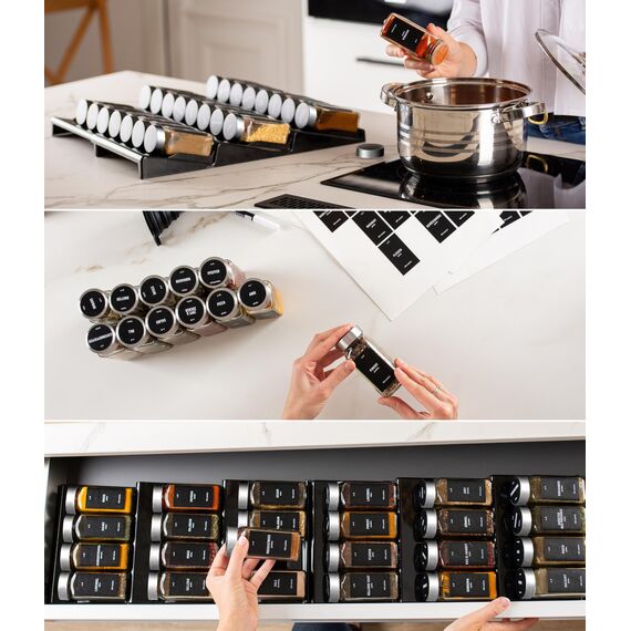 Deco haus Gewürzregal mit Gläsern [MIT 24 GEWÜRZGLÄSER & ETIKETTEN] - Gewürzregal Schublade ausziehbar - Gewürz Organizer Schublade - Gewürz Schubladeneinsatz Gewürze - Gewürzorganizer