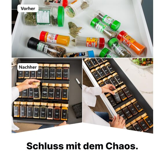 Deco haus® Gewürzregal Schublade [MIT 24 GEWÜRZGLÄSER & ETIKETTEN] - Gewürze Organizer - Gewürzeinsatz Schublade - Gewürzschublade Organizer mit Gläser - Schubladeneinsatz Gewürze