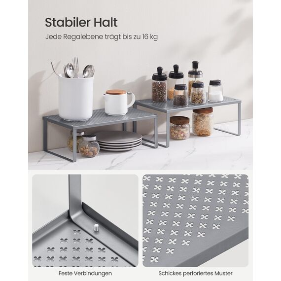 SONGMICS Gewürzregal, 2er Set, Küchenregal, Küchen-Organizer, Küche, Gewürzhalter, erweiterbar, stapelbar, kleines Regal, Metall, silbern KCS401G01