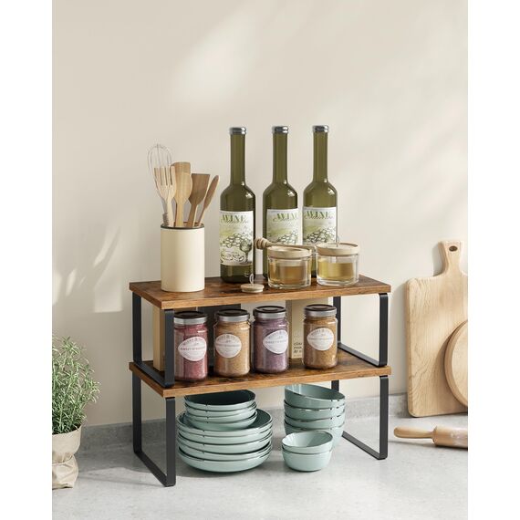 SONGMICS Gewürzregal, 4er Set, Küchenregal, Küchen-Organizer, erweiterbar, Gewürzhalter, stapelbar, mit Metallrahmen, ‎19,5 x 39,7 x 15,8 cm, tintenschwarz-vintagebraun KCS022X01