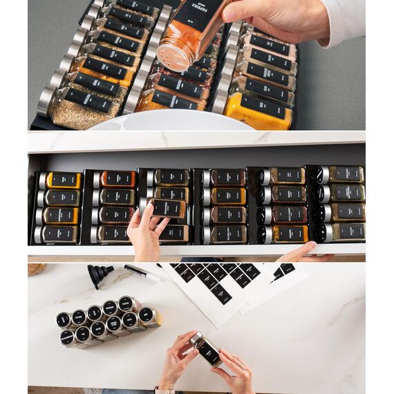 Deco haus® Gewürzregal Schublade aus Metall [MIT 24 GEWÜRZGLÄSER & ETIKETTEN] - Gewürzeinsatz Schublade - Gewürzschublade Organizer - Gewürz Schubladeneinsatz Gewürze - Gewürzorganizer