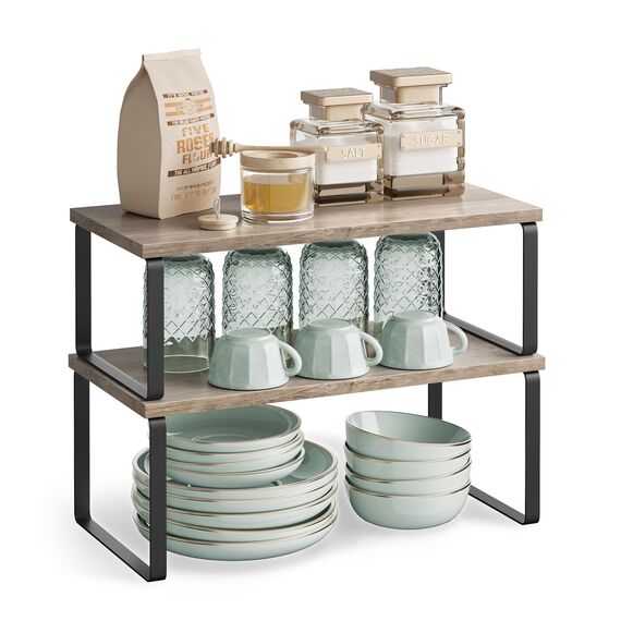 SONGMICS Gewürzregal, 4er Set, Küchenregal, Küchen-Organizer, erweiterbar, Gewürzhalter, stapelbar, mit Metallrahmen, ‎19,5 x 39,7 x 15,8 cm, tintenschwarz-greige meliert KCS022X02