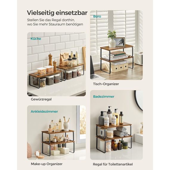 SONGMICS Gewürzregal, 4er Set, Küchenregal, Küchen-Organizer, erweiterbar, Gewürzhalter, stapelbar, mit Metallrahmen, ‎19,5 x 39,7 x 15,8 cm, tintenschwarz-vintagebraun KCS022X01